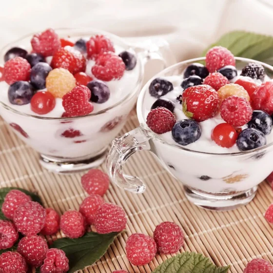 Two dessert mixes featuring a variety of fresh fruit.