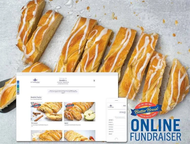 An image of a Butter Braid Pastry with a screenshot of the online store, on a laptop and phone screen, over top.